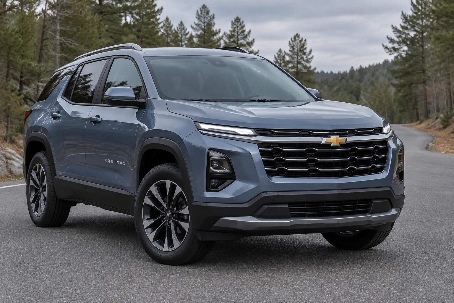 Иллюстрация Chevrolet Equinox поколения 2025 года, бензиновый кроссовер на лесной дороге