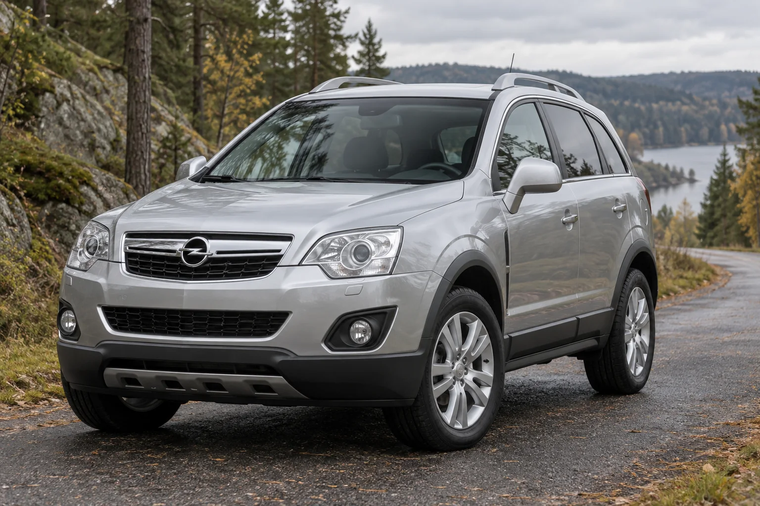 Иллюстрация Opel Antara первого поколения на тихой лесной дороге
