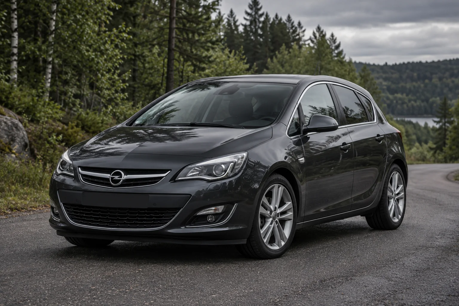Иллюстрация Opel Astra J на лесной дороге
