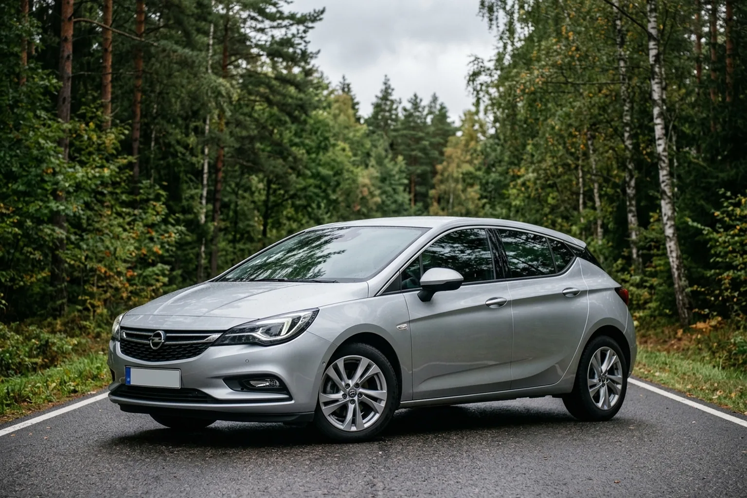 Иллюстрация Opel Astra K на лесной дороге