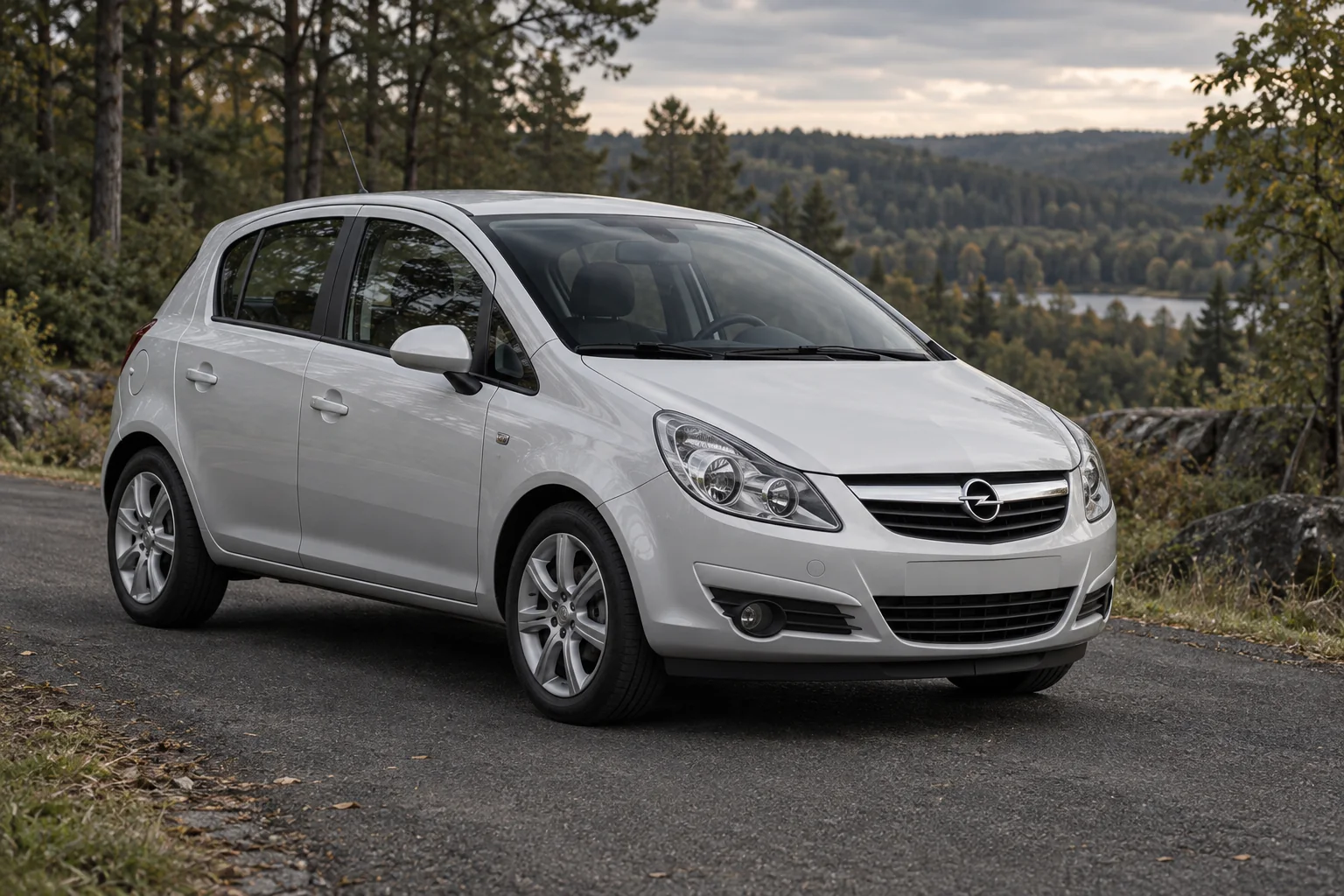 Иллюстрация Opel Corsa D на лесной дороге