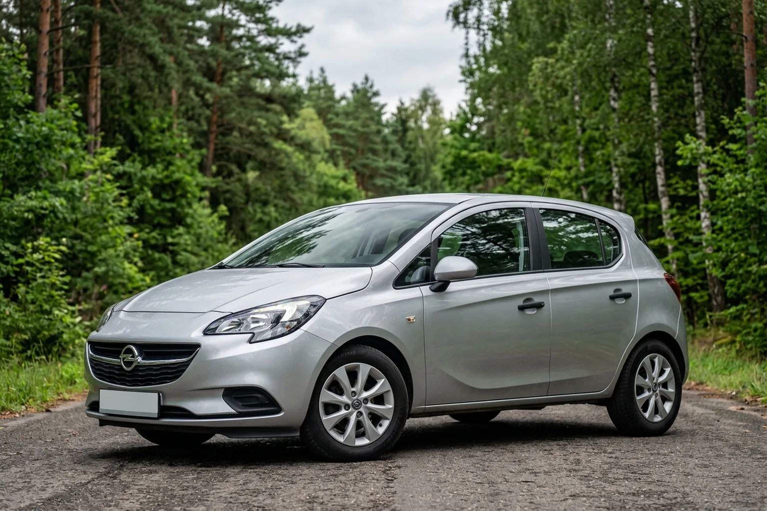 Иллюстрация Opel Corsa E на лесной дороге