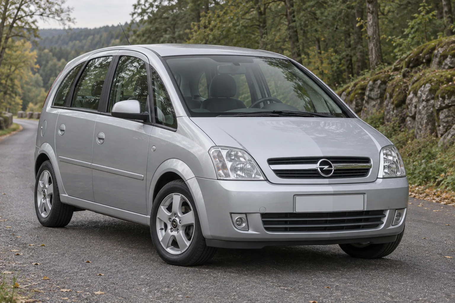 Иллюстрация Opel Meriva A 2003 года на тихой лесной дороге
